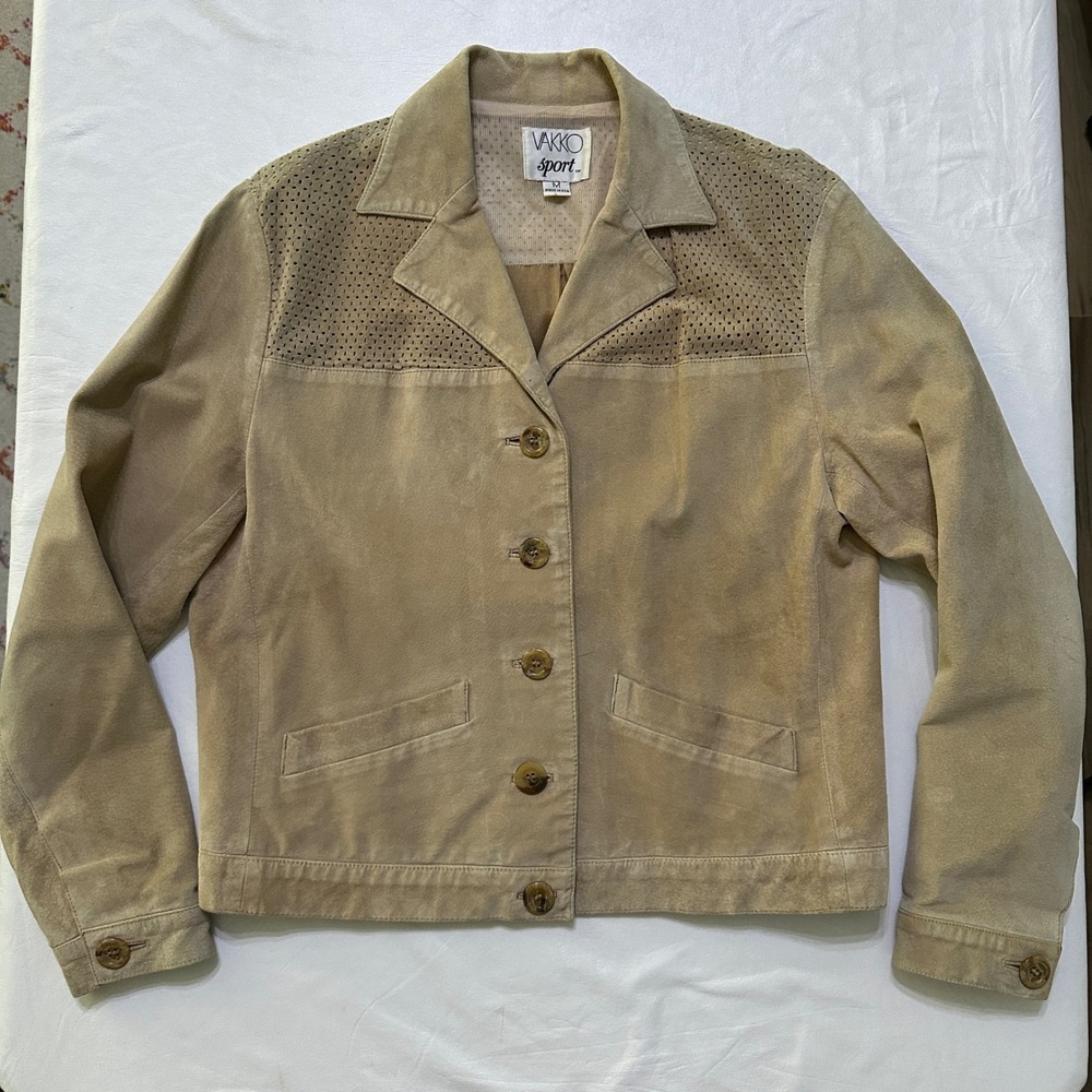 VTG Vakko Sport Suede Jacket M Tan Perforated Leather Western Boho Cowgirl 90s